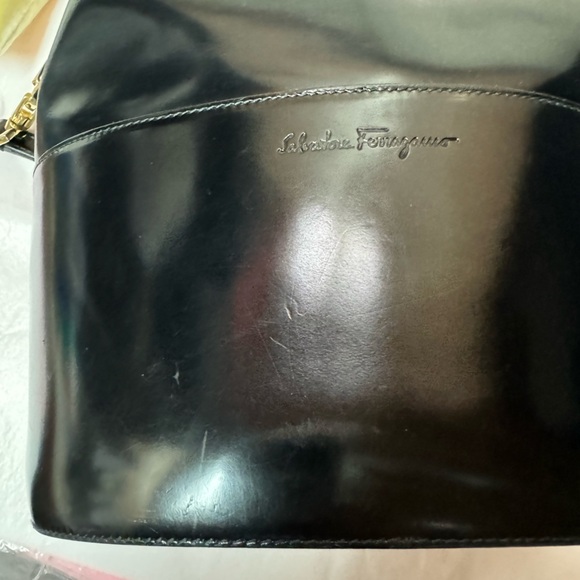 Salvatore Ferragamo Black Patent Leather Shoulder Bag with Gold-Tone Chain - Picture 6 of 11